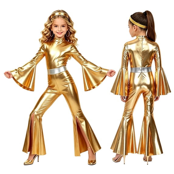 Miaeowve Girls Metallic Long Sleeve Flared Jumpsuits 70s Party Outfit Disco Hippie Fancy Dress Up Gold 10