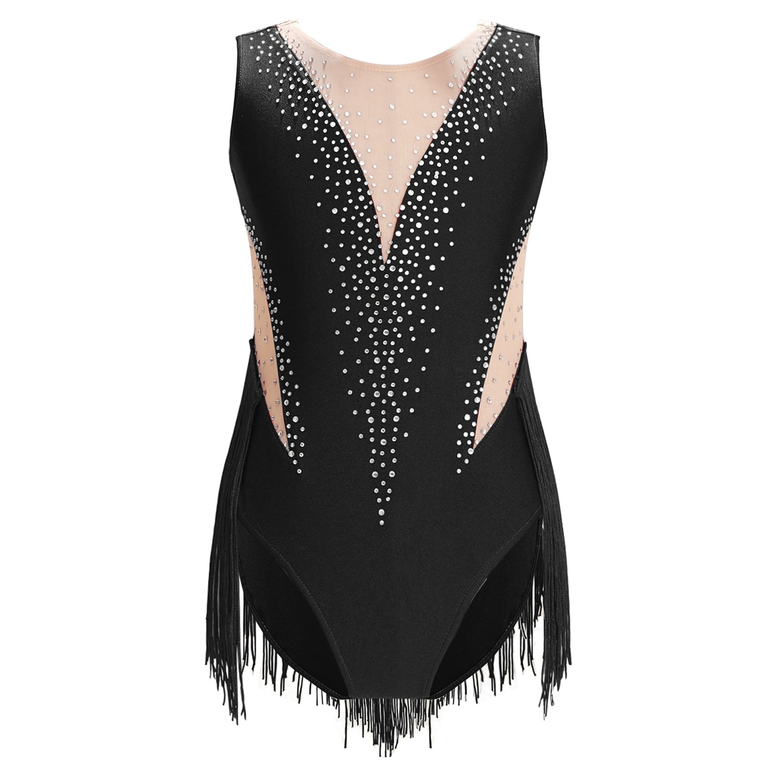 Miaeowve Girls Shiny Rhinestone Leotard Mesh Patchwork Tassel Bodysuit