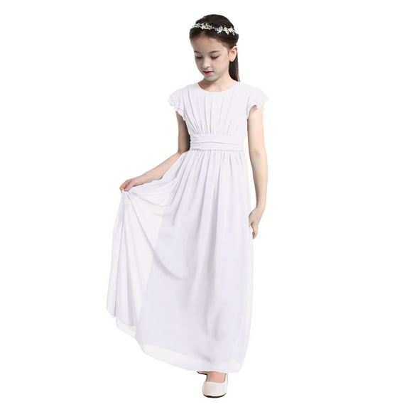 Miaeowve Juniors Flower Girls Dress Kids Flutter Sleeves Wedding Brithday Party Prom Pageant Banquet Maxi Gown White 6