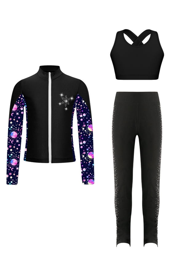 Kid Girls Figure Ice Skating Training Suit Long Sleeve Zipper Jacket Crop Top and Skating Black 8