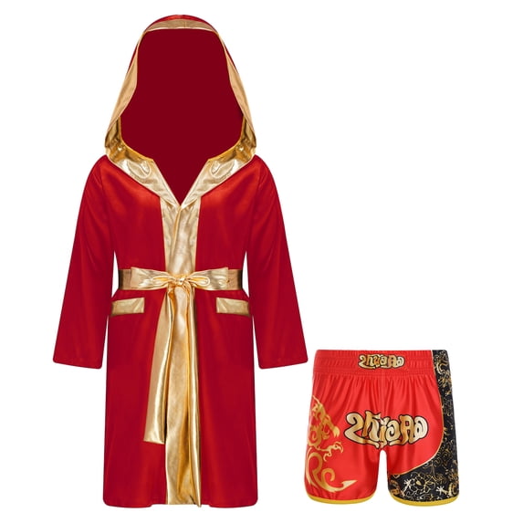 Miaeowve Kids Boys Boxing Outfit Metallic Satin Robe Long Sleeve Hooded Grown Cloak with Belt and A3 6