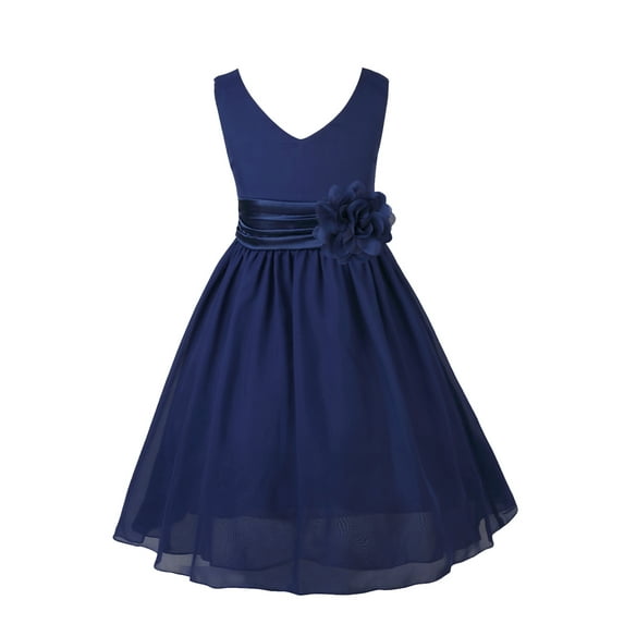 Miaeowve Kids Chiffon Wedding Bridesmaid Flower Girl Dress Summer Birthday Party Sleeveless V Neck Ball Gown Navy Blue 2