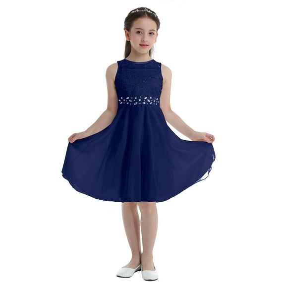 Miaeowve Kids Flower Girl Dress Floral Lace Sequins Sleeveless Zipper Back Birthday Party Ball Gown with Waist Belt Navy Blue 4