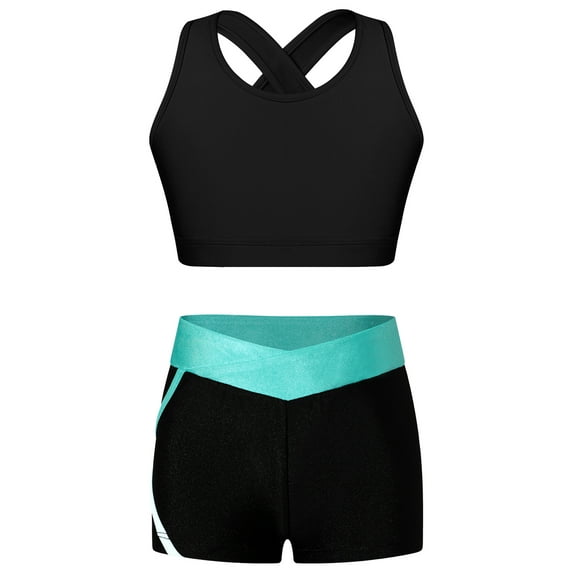 Miaeowve Kids Girls 2 Piece Gymnastic Outfit Straps Criss Cross Tank Top with Booty Shorts Dance Black&Blue Green 8