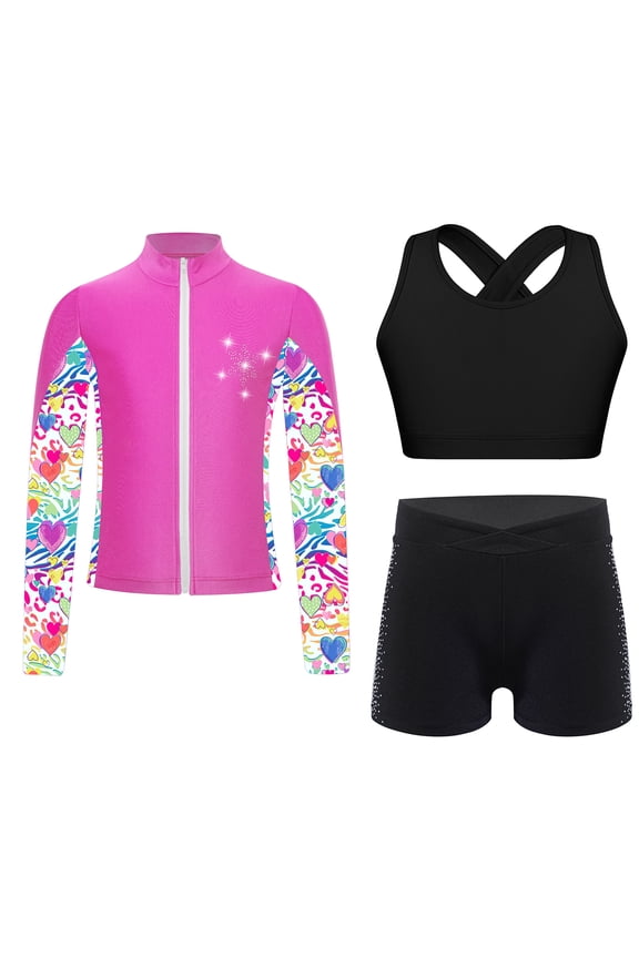 Kids Girls 3 Pcs Gymnastics Outfits Sleeveless Crop Tank Top Jacket Outerwear with Dance Black&Hot Pink 10