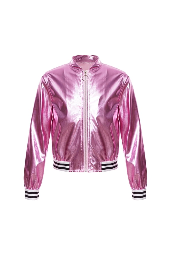 Kids Girls Boys Jazz Dance Disco Costume Zip Up Metallic Bomber Jacket Coat Tops Outerwear Pink 10