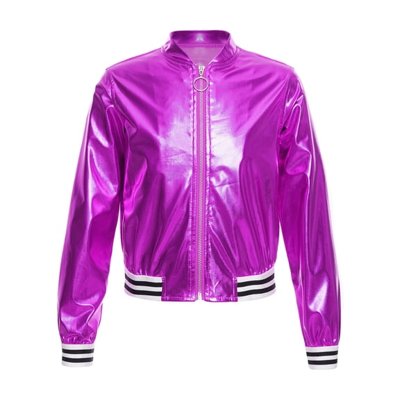 Miaeowve Kids Girls Boys Jazz Dance Disco Costume Zip Up Metallic Bomber Jacket Coat Tops Outerwear Purple 6
