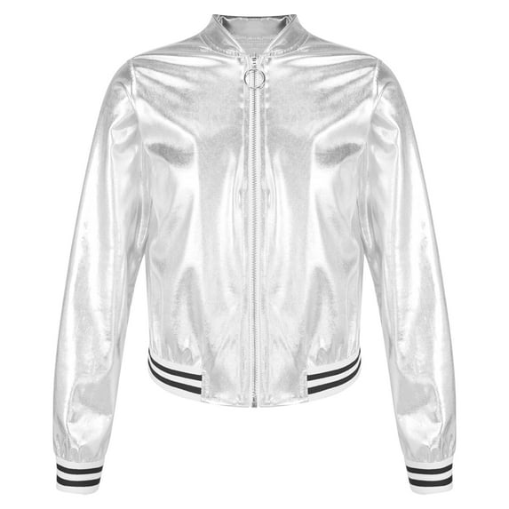 Miaeowve Kids Girls Boys Jazz Dance Disco Costume Zip Up Metallic Bomber Jacket Coat Tops Outerwear Silver 10