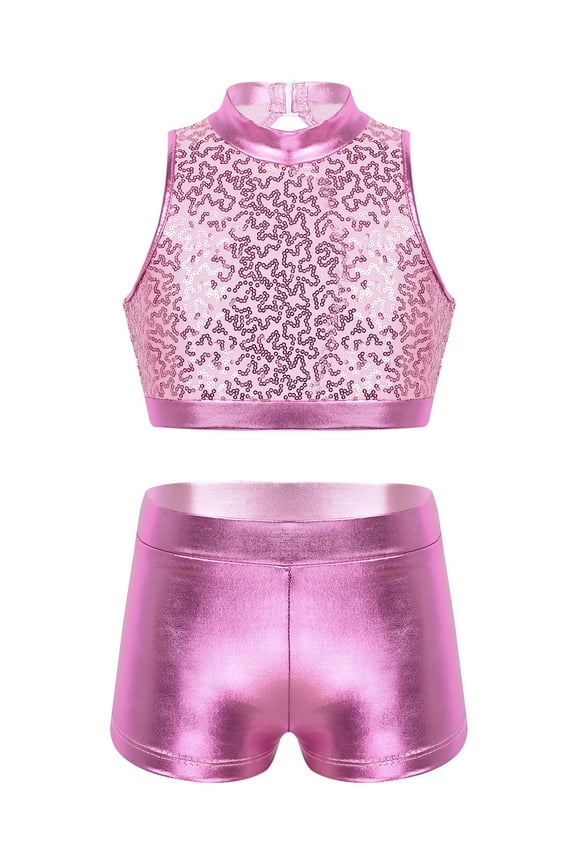 Kids Girls Dance Outfits Sparkly Sequins Tracksuit Sleeveless Athletic Crop Top with Shorts Set Activewear Pink 14