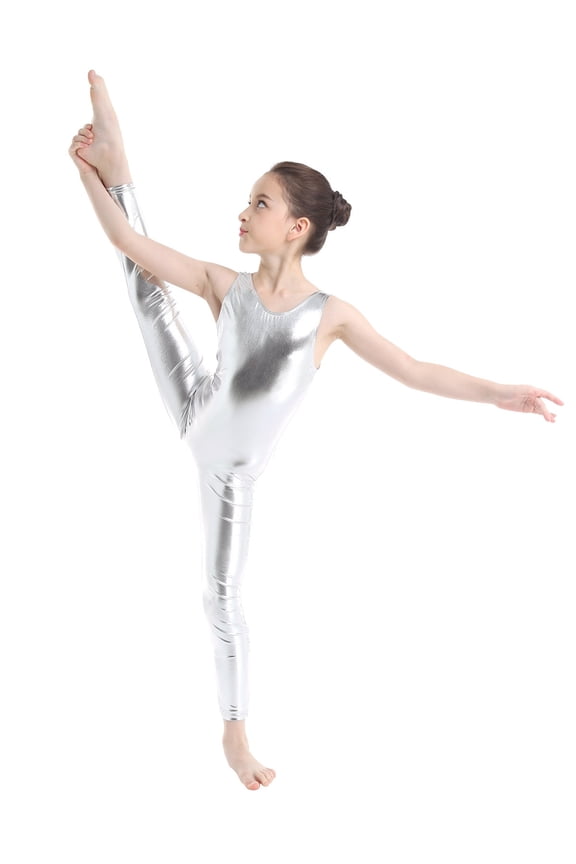 Kids Girls Dance Unitards Shiny Metallic Sleeveless Full Body Leotards Gymnastic Bodysuit Dancewear Silver 5-6