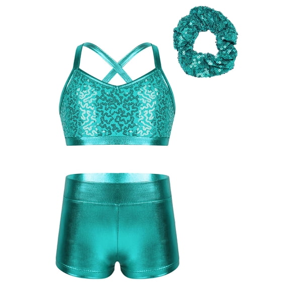 Miaeowve Kids Girls Dance and Gymnastics Outfits Set 3Pcs Shiny Sequins Sports Bra Crop Top with Shorts and Scrunchie Lake Blue 12