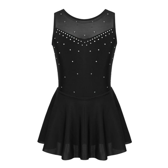 Miaeowve Kids Girls Figure Skating Dress Lyrical Dance Performance Sleeveless Rhinestones Mesh Tank Leotard Ballet Dresses Black 6