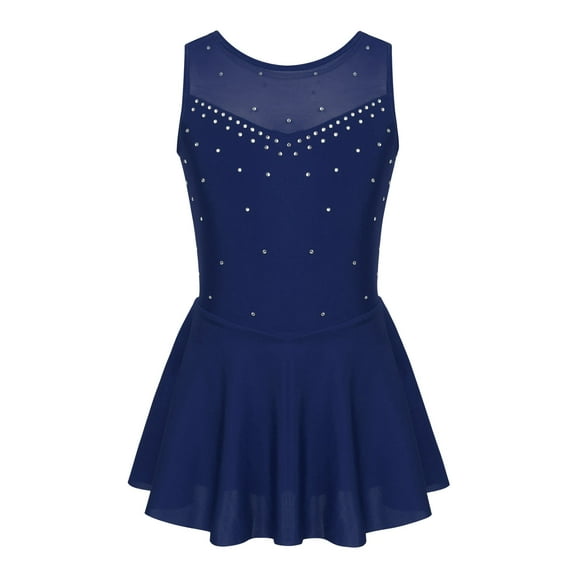 Miaeowve Kids Girls Figure Skating Dress Lyrical Dance Performance Sleeveless Rhinestones Mesh Tank Leotard Ballet Dresses Navy Blue 8