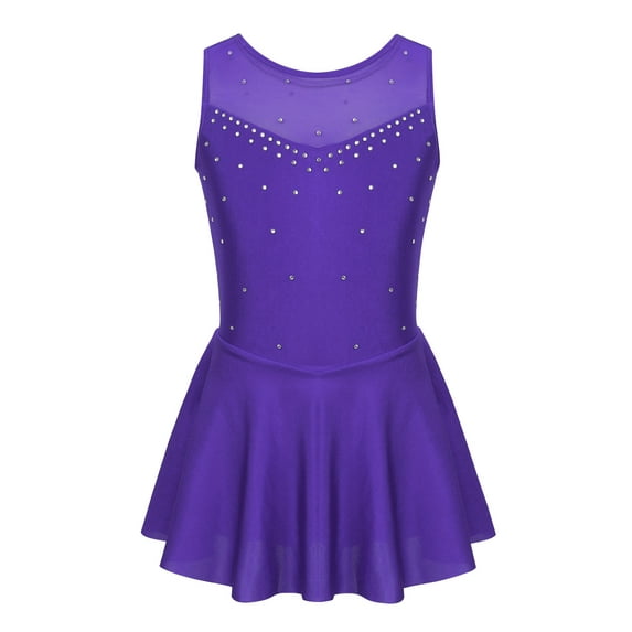 Miaeowve Kids Girls Figure Skating Dress Lyrical Dance Performance Sleeveless Rhinestones Mesh Tank Leotard Ballet Dresses Violet 14