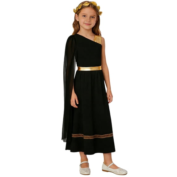 Miaeowve Kids Girls Grecian Athena Outfit Roman Princess Toga Dress with Gold Leaf Headband Black 12