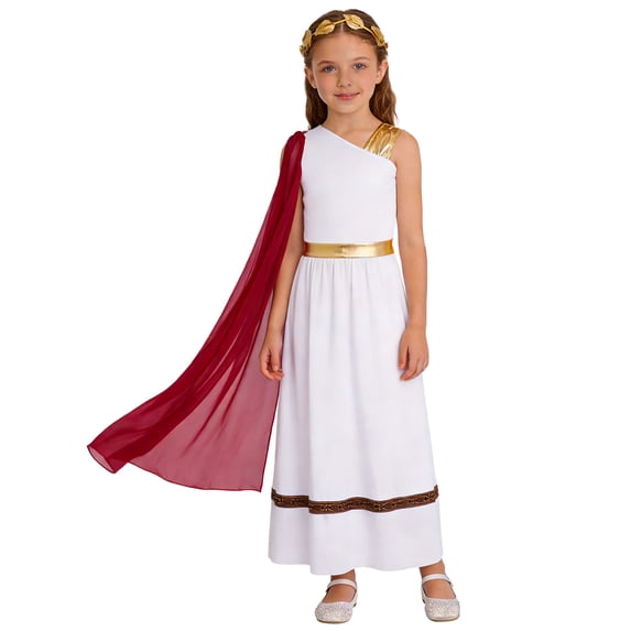 Miaeowve Kids Girls Grecian Athena Outfit Roman Princess Toga Dress with Gold Leaf Headband Burgundy 16