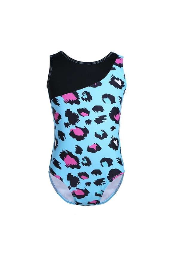 Kids Girls Gymnastics Leotards Sleeveless Leopard Print Athletic Bodysuit Ballet Dance Tops Blue L