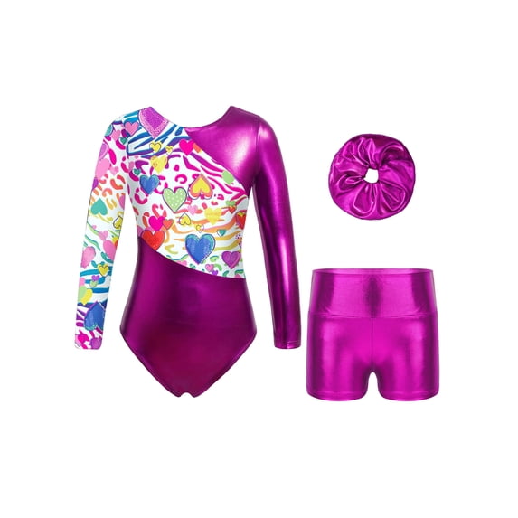 Miaeowve Kids Girls Long Sleeve Gymnastics Leotards Set Shiny Metallic Leotards with Shorts Headband Rose 10