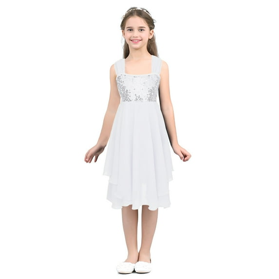 Miaeowve Kids Girls Lyrical Ballet Dance Dress Chiffon Sequins Sleeveless Straps Camisole Flowy Dresses Dancewear White 12