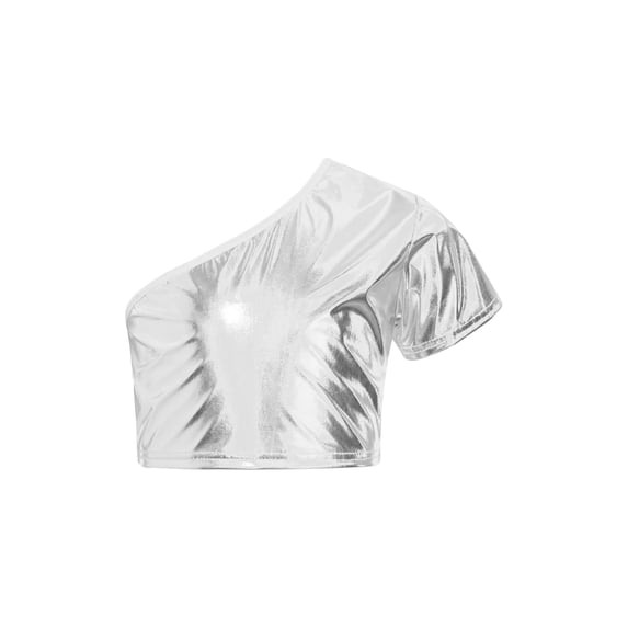 Miaeowve Kids Girls One Shoulder Tops Sparkly Dance Crop Tank Gymnastics Ballet Tee Shirts Hip Hop Silver 150