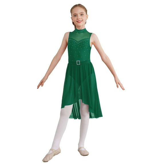 Miaeowve Kids Girls Rhinestone Sleeveless Lyrical Modern Ballet Leotard Dance Dress High-Low Hem Green 14