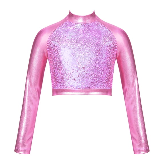 Miaeowve Kids Girls Sequins Shiny Crop Top Long Sleeve Mock Neck Athletic Shirts Jazz Hip-hop Dance Pink 8