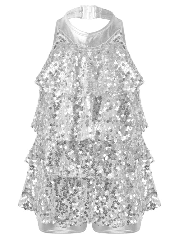 Kids Girls Shiny Sequins Ballet Leotard Sleevless Halter Dress for Latin Jazz Modern Tap Dance Performance Silver 4