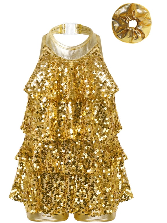 Kids Girls Sleeveless Shiny Sequins Halter Tassels Tiered Dress Latin Jazz Salsa Samba Rumba Tap Dance Outfits Gold 8
