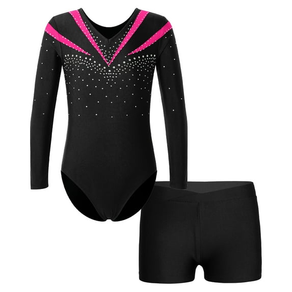 Miaeowve Kids Girls Sparkle Gymnastics Bodysuits Teens Rhinestone Dance Outfits with Booty Short Set Hot Pink 10