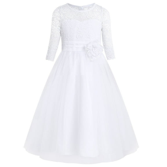 Miaeowve Kids Wedding Bridesmaid Flower Girl Dress Half Sleeves Floral Lace Splice Mesh Tulle Ball Gown White 12