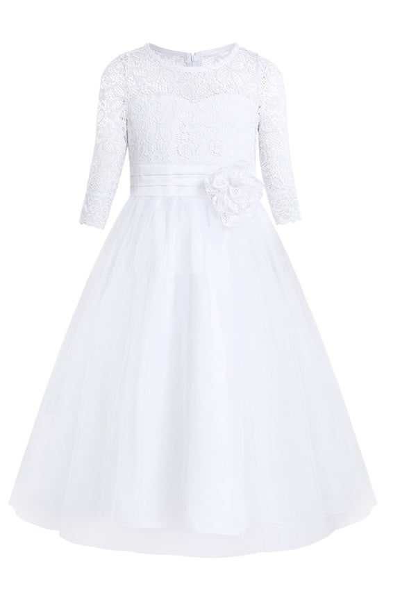 Kids Wedding Bridesmaid Flower Girl Dress Half Sleeves Floral Lace Splice Mesh Tulle Ball Gown White 12
