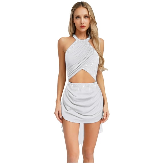 Miaeowve Lyrical Dance Dress Women Modern Contemporary Sparkly Backless Skirted Leotard Dancewear White XL