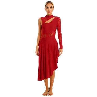 Miaeowve Lyrical Women Dance Costume Performance Gymnastic Leotard Dress Asymmetric Skirted Ballet Red M