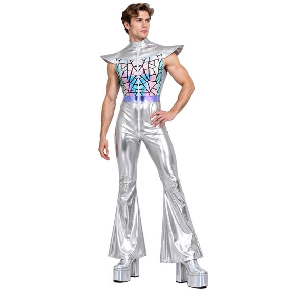 Miaeowve Men 70s Disco Dance Jumpsuit Bell Bottom Romper Hippie Outfit for Night Club Party Silver 3XL