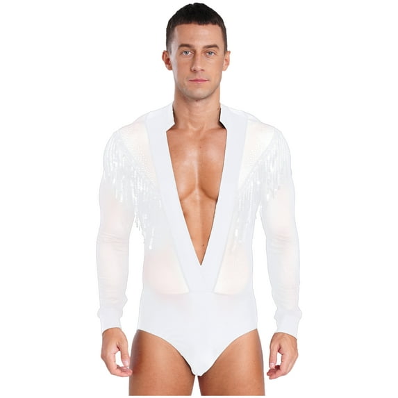Miaeowve Men Latin Dance Shirt Deep V Neck Sheer Mesh Jumpsuit Salsa Samba Cha Cha Tango Dance Leotard White XL