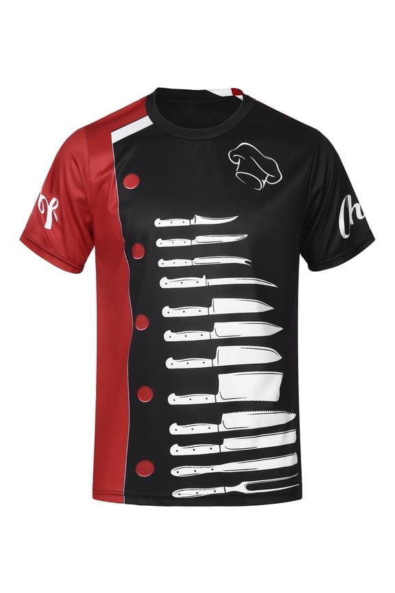 Men's 3D Printed Chef Shirts Short Sleeve Cooking T-shirts Restaurant Kitchen Work Wear Red&Black M
