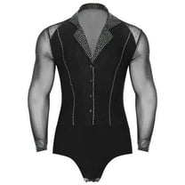 Miaeowve Men's Ballroom Latin Tango Dance Leotard Sparkly Sheer Mesh Long Sleeve Bodysuit Black M