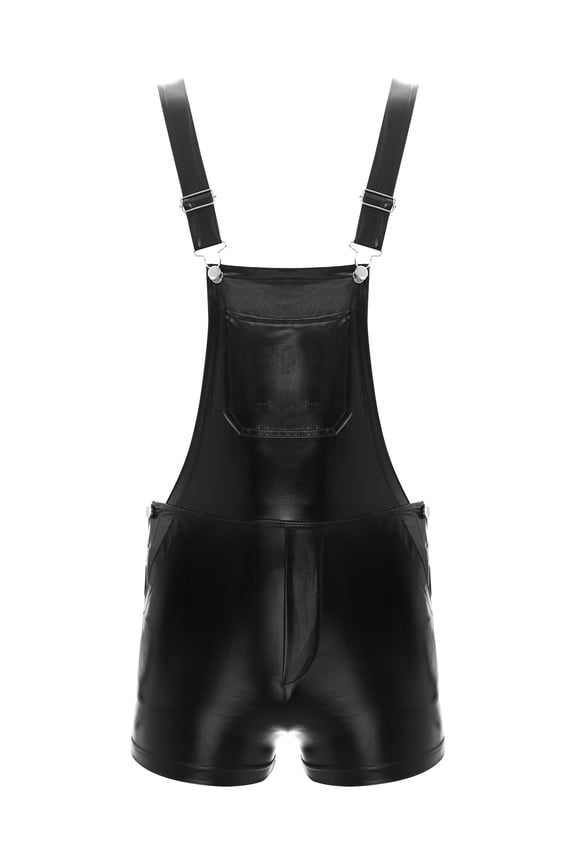 Men's Shiny Metallic Overalls Bib Pants Suspender Shorts Dungarees for Night Club Raves Dance Party Black 3XL