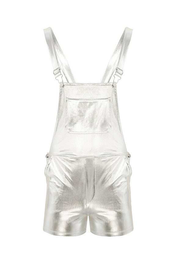 Men's Shiny Metallic Overalls Bib Pants Suspender Shorts Dungarees for Night Club Raves Dance Party Silver S