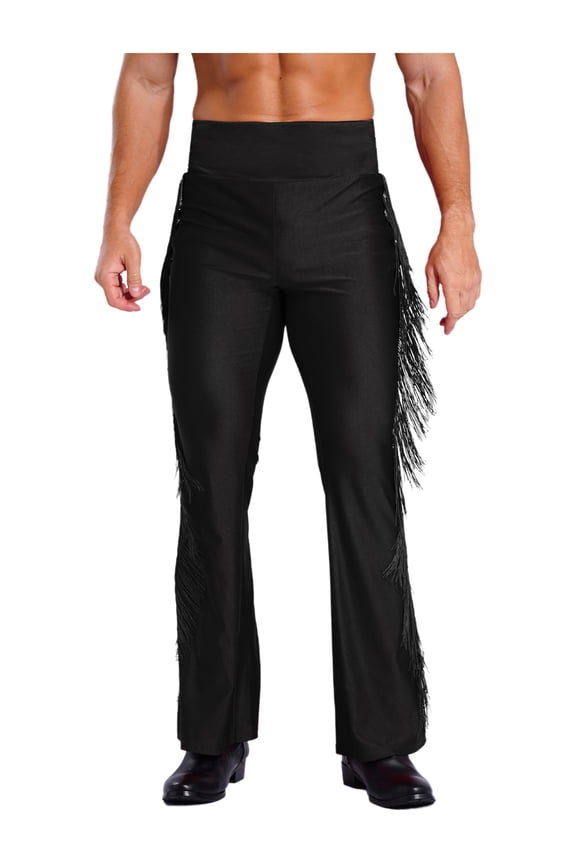 Mens Fringe Rumba Tango Salsa Practice Pants Stretch Fit Classic Flared Disco Tassel Trousers Black L