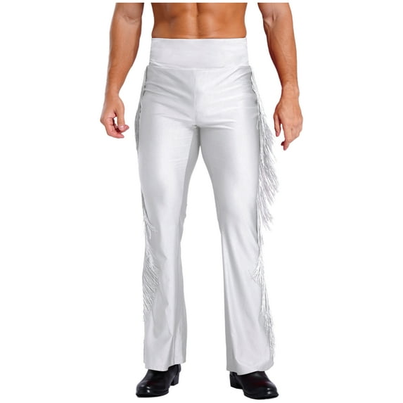 Miaeowve Mens Fringe Rumba Tango Salsa Practice Pants Stretch Fit Classic Flared Disco Tassel Trousers White M