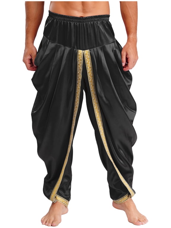 Mens Harem Pants Satin Dhoti Yoga Beach Baggy Trousers Summer Boho Alibaba Hippie Pants Black M
