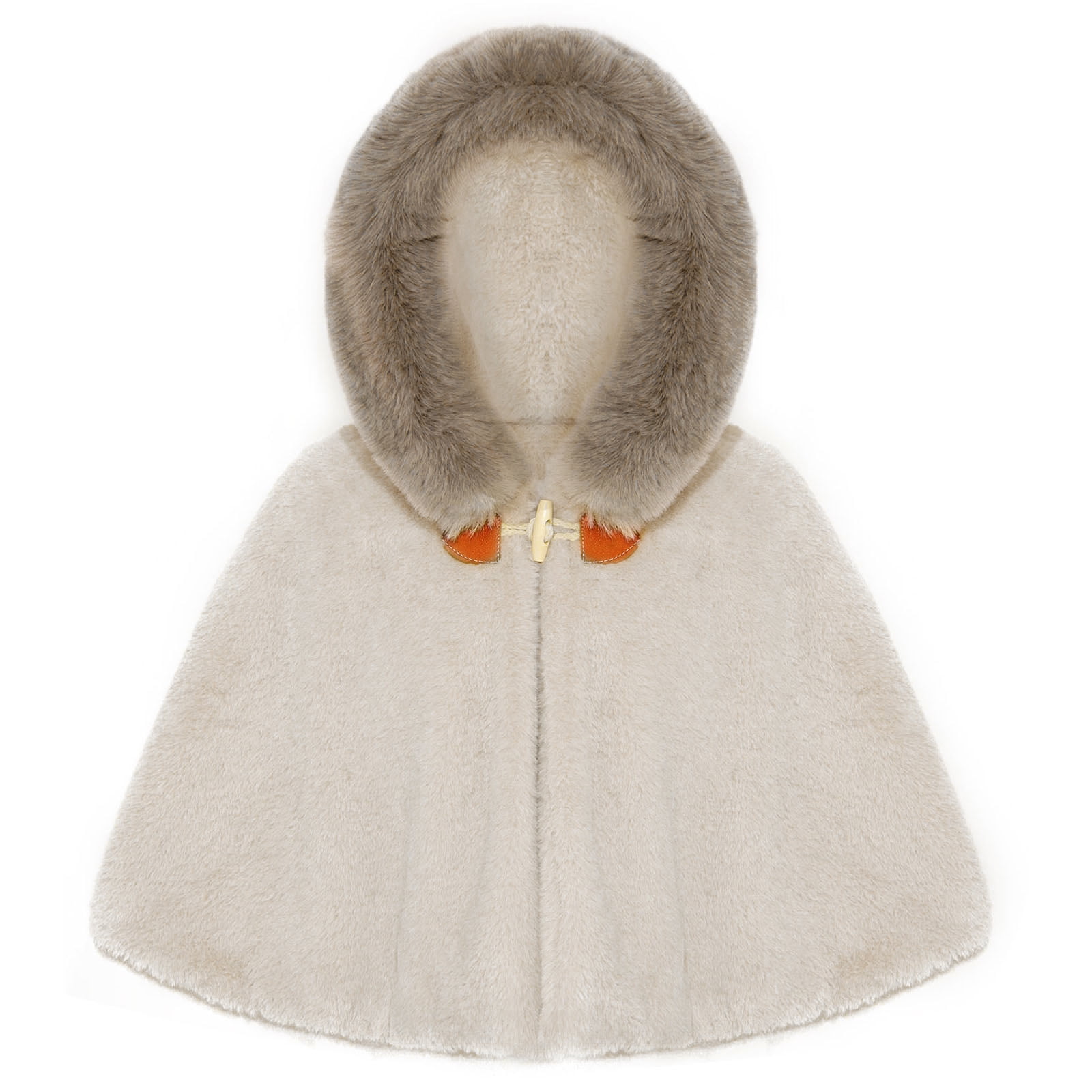 Beige Fur-Trimmed Kids Winter Poncho main image 1