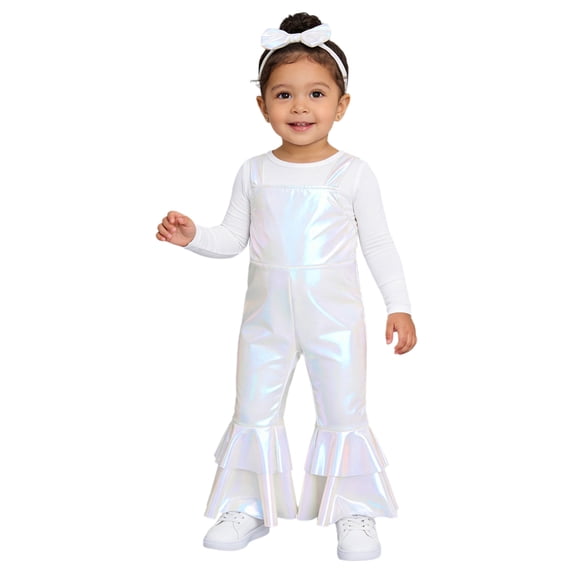 Miaeowve Toddler Baby Girls Retro 70s Outfit Disco Flared Jumpsuit Sleeveless Sparkly Bodysuit Ivory 6-12M