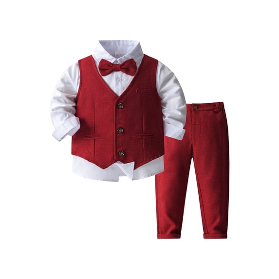 Miaeowve Toddler Boy's Suit Gentleman Tuxedo Bow Tie Shirt Vest Pants 4 Pieces Party Outfits Dark Red 120