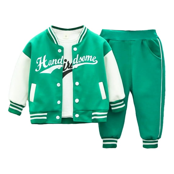 Miaeowve Toddler Kids Fashion Letterman Jacket Coat 3pcs Clothes Set Baseball Jacket Outwear Outfits Green 100/2-3Y
