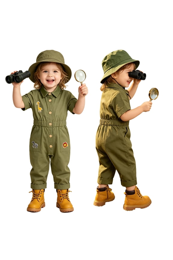 Toddler Kids Wild One Birthday Outfit One Piece Zookeeper Jumpsuit Button Down Coveralls Army Green 9-12M
