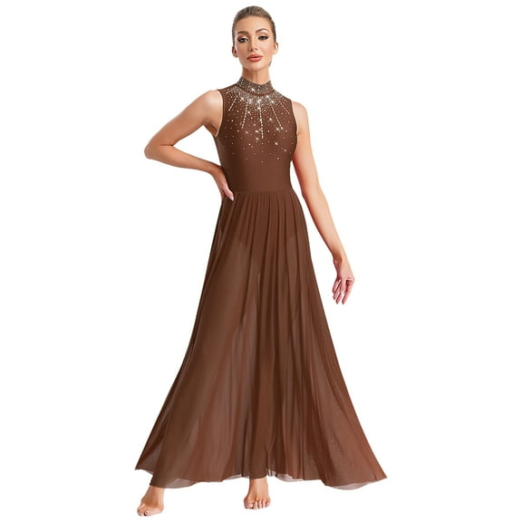 Miaeowve Women Dance Dresses Sleeveless Mesh Swing Skirted Leotard Lyrical Contemporary Dancewear Brown M