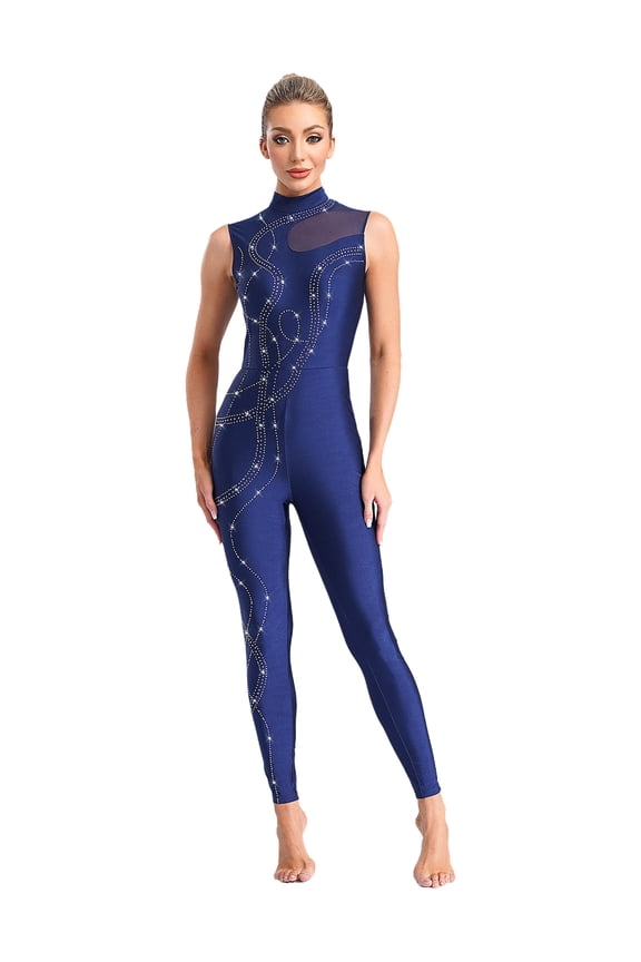 Women Gymnastics Jumpsuit Mock Neck Figure Ice Skating Leotard Bodysuits Rompers Dancewear NavyBlue S