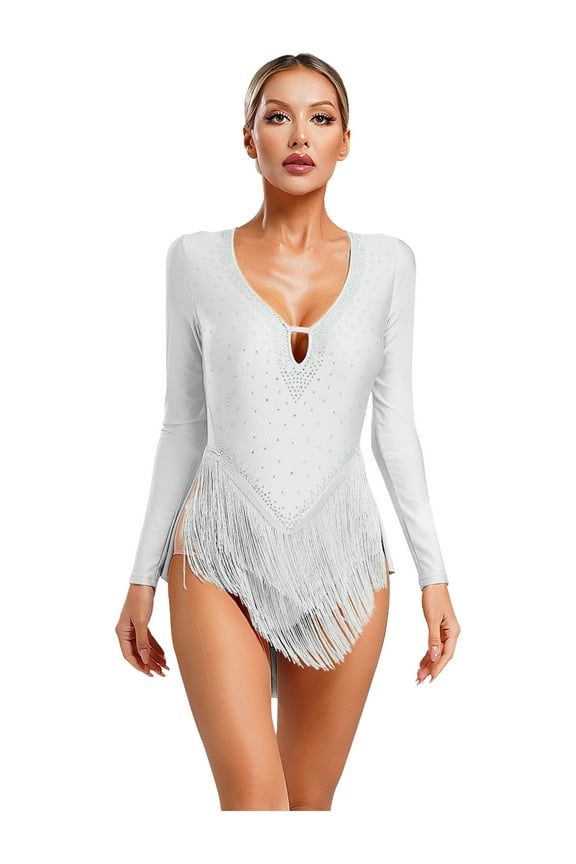 Women Latin Dance Deep V Neck Shiny Rhinestones Fringe Leotard Bodysuit with Long Sleeve Ivory XXL